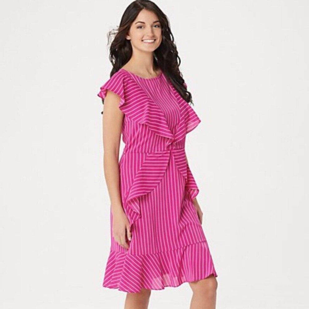NWT DU JOUR SCOOP-NECK STRIPED RUFFLE DRESS VERY BERRY 12‎